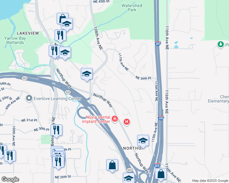 map of restaurants, bars, coffee shops, grocery stores, and more near 11000 Northeast 33rd Place in Bellevue