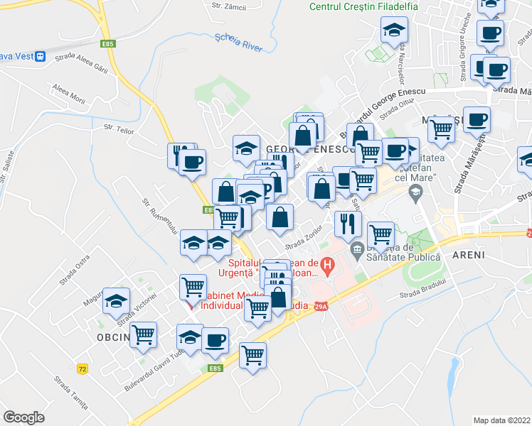 map of restaurants, bars, coffee shops, grocery stores, and more near 23 Bulevardul George Enescu in Suceava