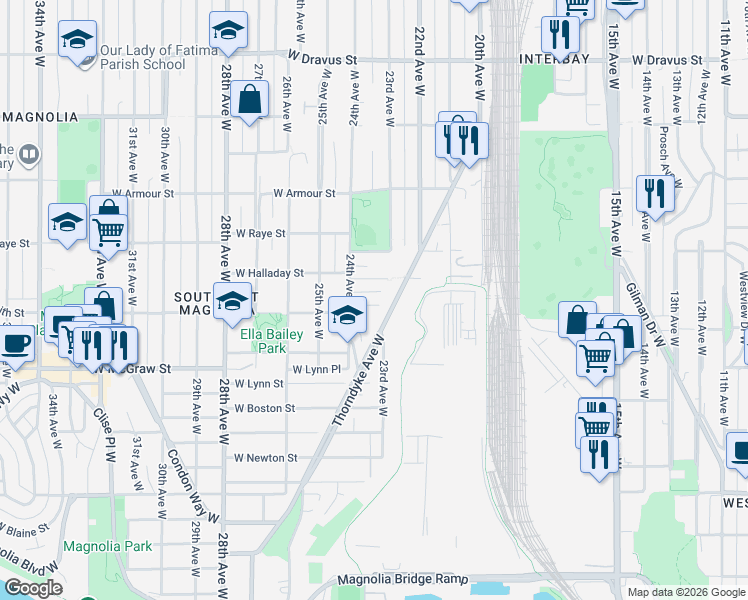 map of restaurants, bars, coffee shops, grocery stores, and more near 2308 West Smith Street in Seattle