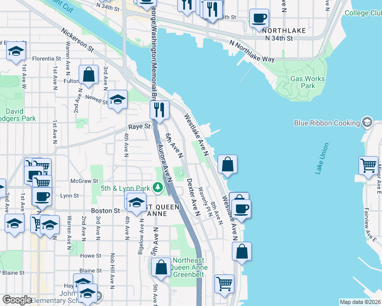 map of restaurants, bars, coffee shops, grocery stores, and more near 2470 Dexter Avenue North in Seattle