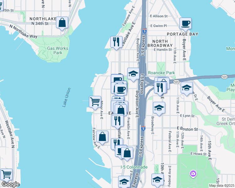map of restaurants, bars, coffee shops, grocery stores, and more near 2365 Eastlake Avenue East in Seattle