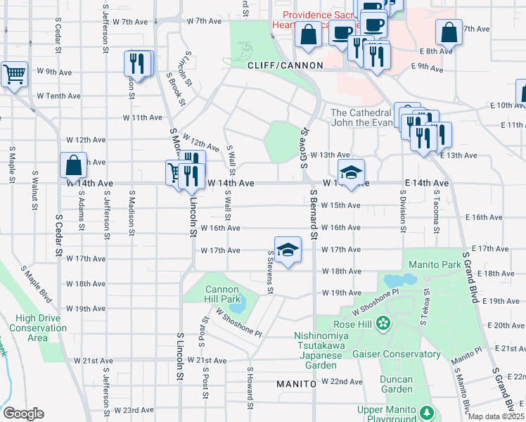 map of restaurants, bars, coffee shops, grocery stores, and more near 507 West 15th Avenue in Spokane