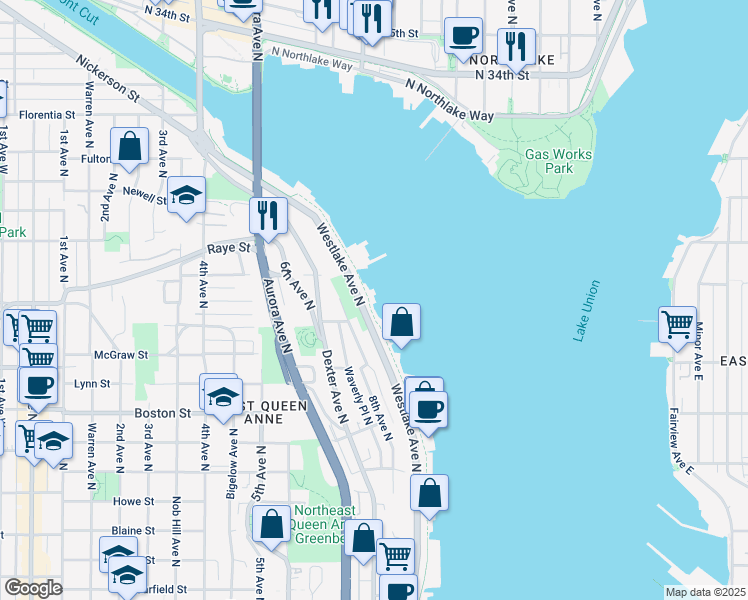 map of restaurants, bars, coffee shops, grocery stores, and more near 2201 Westlake Avenue North in Seattle