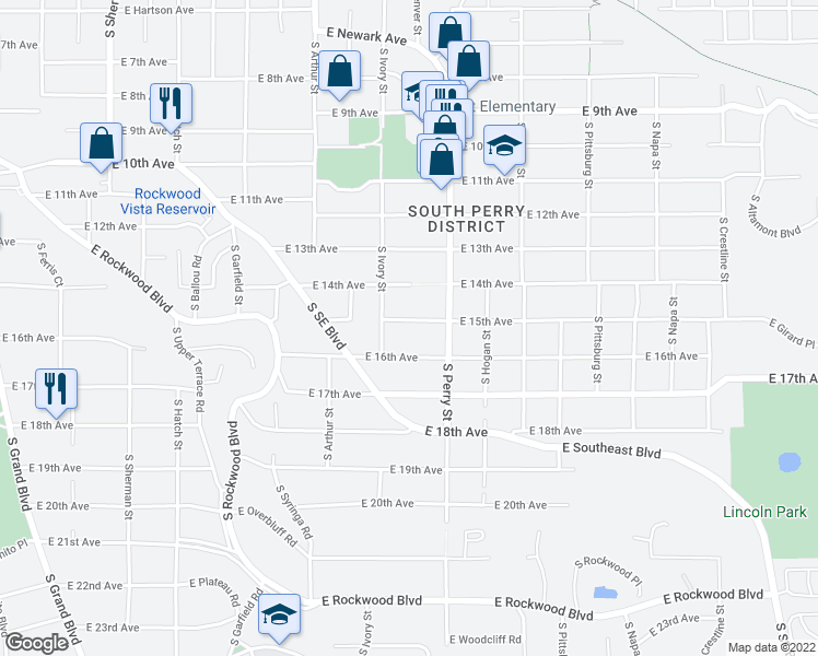 map of restaurants, bars, coffee shops, grocery stores, and more near 1224 East 15th Avenue in Spokane