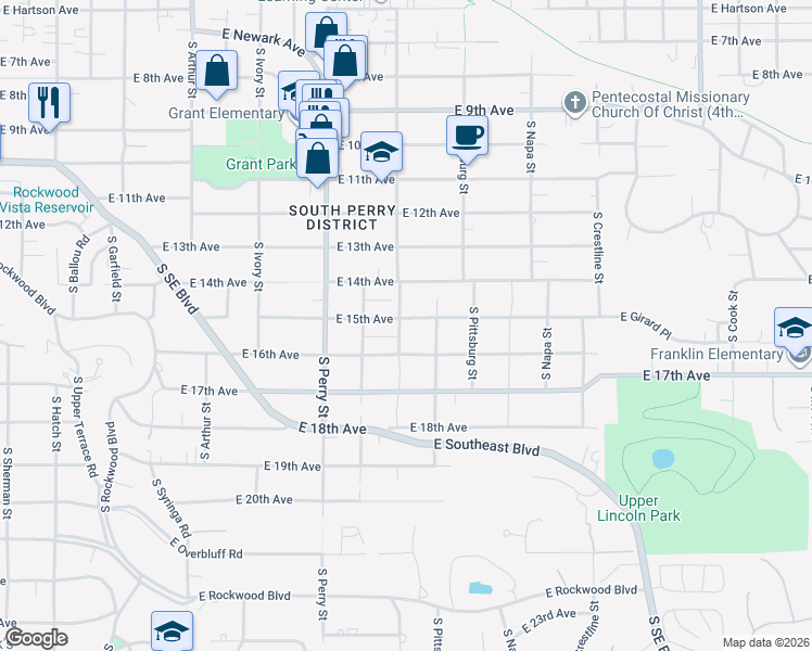 map of restaurants, bars, coffee shops, grocery stores, and more near 1602 E 15th Ave in Spokane