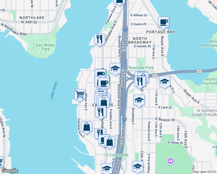 map of restaurants, bars, coffee shops, grocery stores, and more near 2365 Franklin Avenue East in Seattle