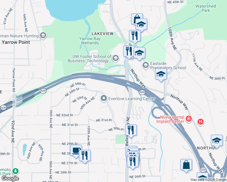map of restaurants, bars, coffee shops, grocery stores, and more near 3415 103rd Place Northeast in Bellevue