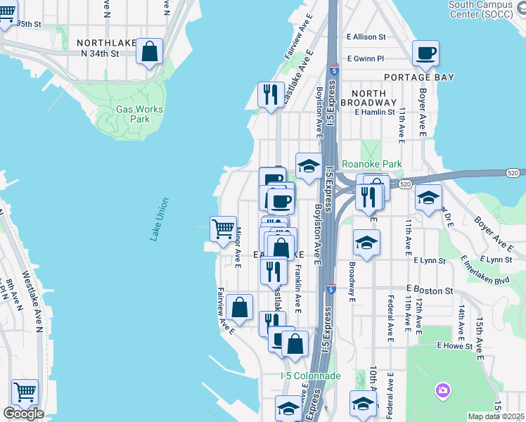 map of restaurants, bars, coffee shops, grocery stores, and more near 2366 Eastlake Avenue East in Seattle