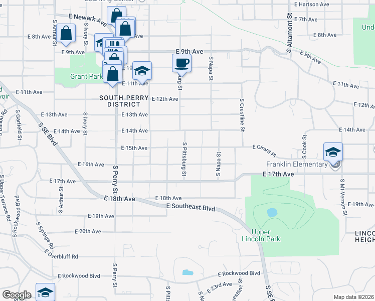 map of restaurants, bars, coffee shops, grocery stores, and more near 1806 East 15th Avenue in Spokane