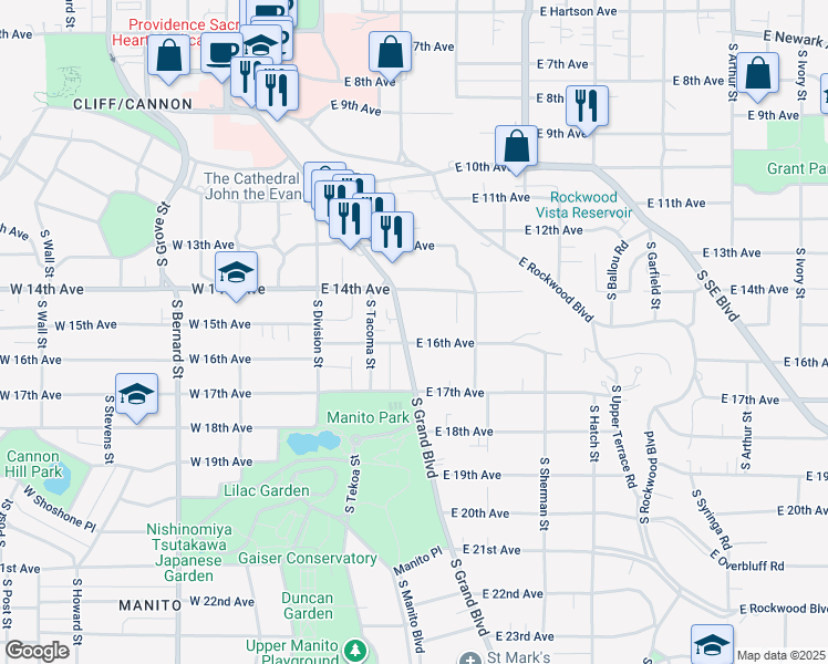 map of restaurants, bars, coffee shops, grocery stores, and more near 1517 South Grand Boulevard in Spokane