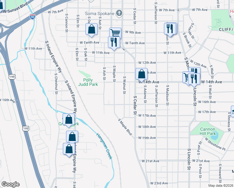 map of restaurants, bars, coffee shops, grocery stores, and more near 1437 South Maple Street in Spokane
