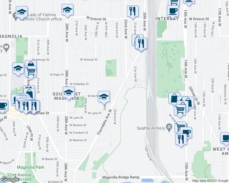 map of restaurants, bars, coffee shops, grocery stores, and more near 2308 West Smith Street in Seattle