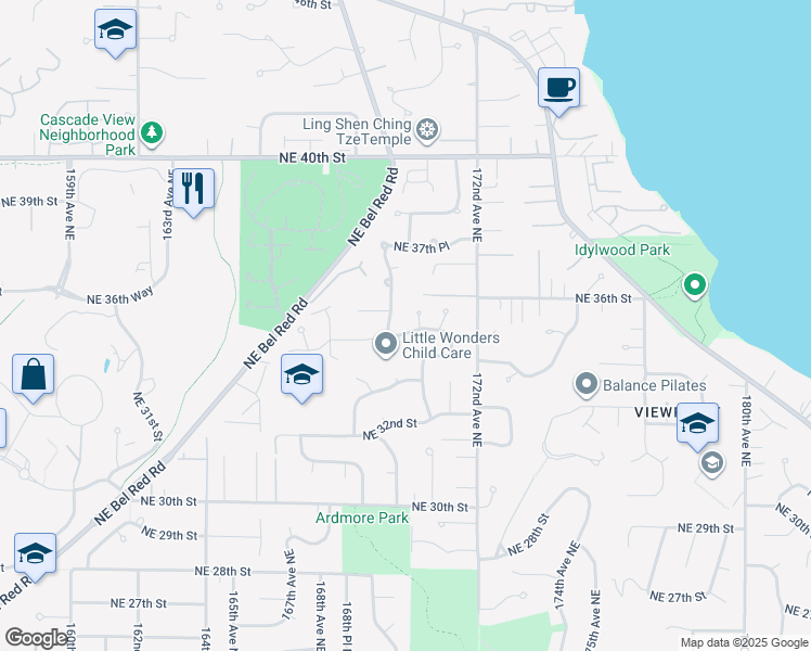 map of restaurants, bars, coffee shops, grocery stores, and more near 16914 Northeast 35th Street in Bellevue