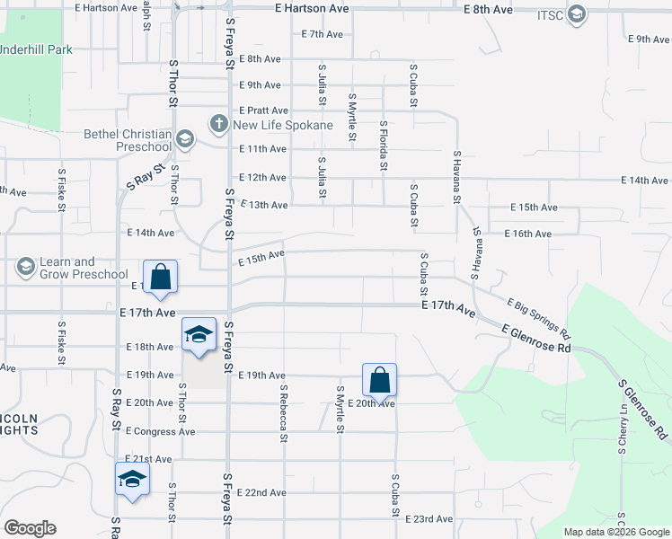 map of restaurants, bars, coffee shops, grocery stores, and more near 3911 East 16th Avenue in Spokane