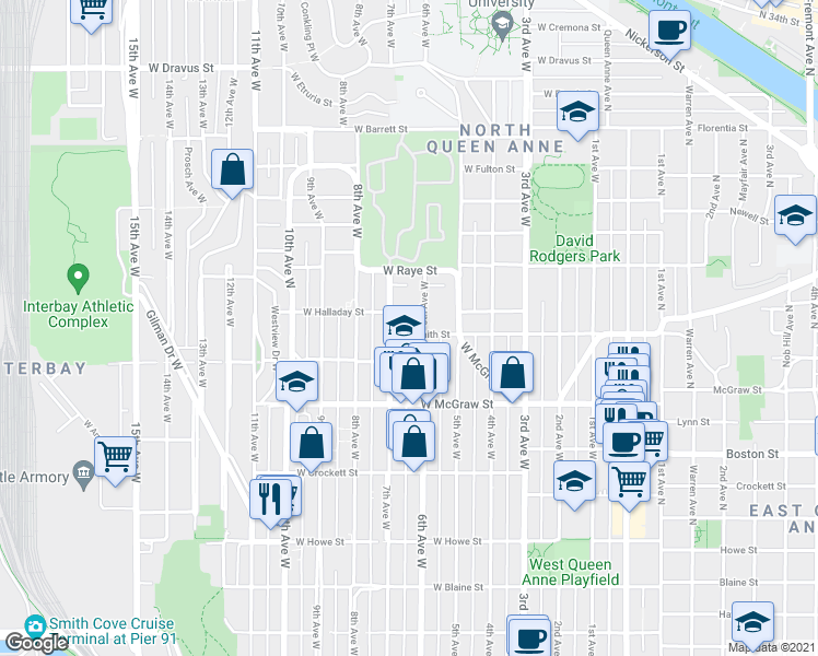 map of restaurants, bars, coffee shops, grocery stores, and more near 610 West Smith Street in Seattle