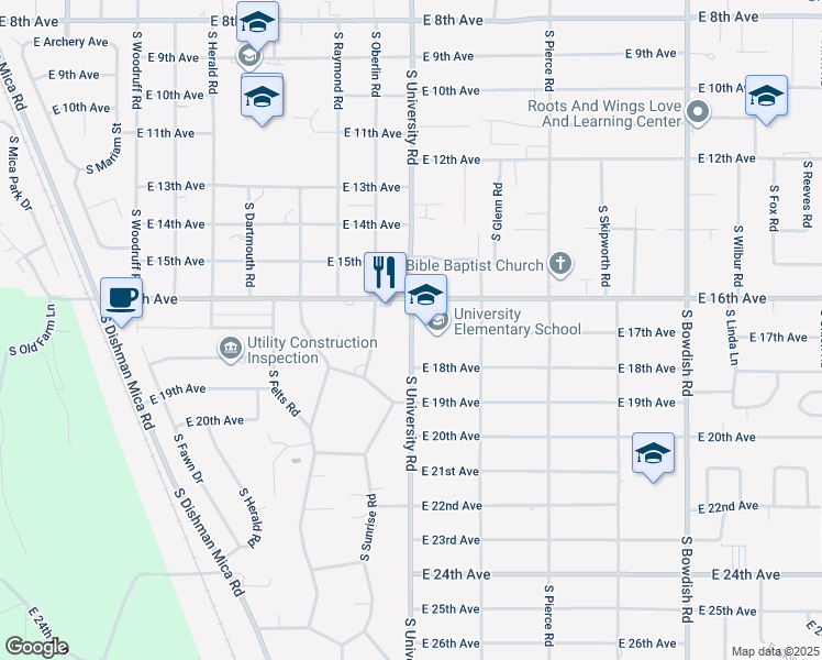 map of restaurants, bars, coffee shops, grocery stores, and more near 1613 South University Road in Spokane Valley
