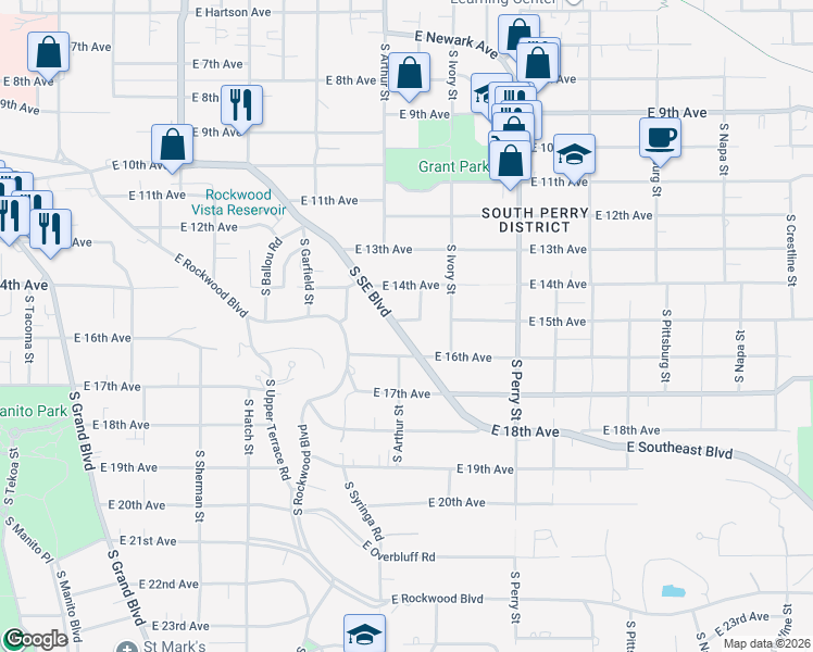 map of restaurants, bars, coffee shops, grocery stores, and more near 1507 South Southeast Boulevard in Spokane