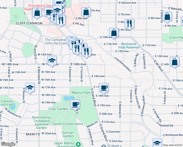 map of restaurants, bars, coffee shops, grocery stores, and more near 1517 South Grand Boulevard in Spokane