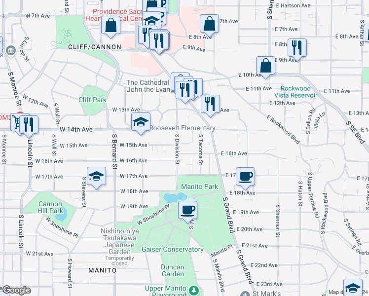 map of restaurants, bars, coffee shops, grocery stores, and more near 1521 South Division Street in Spokane