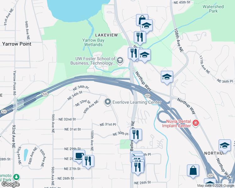 map of restaurants, bars, coffee shops, grocery stores, and more near 3415 103rd Place Northeast in Bellevue