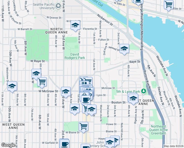 map of restaurants, bars, coffee shops, grocery stores, and more near 8 Smith Street in Seattle