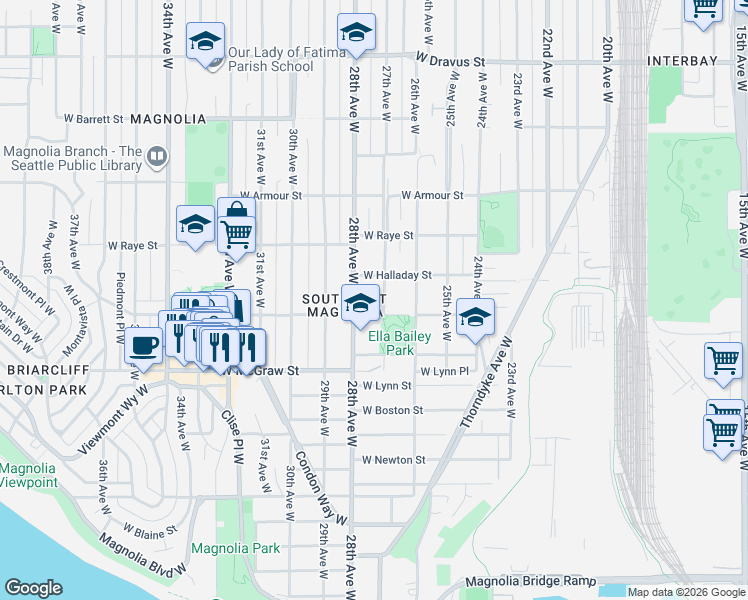 map of restaurants, bars, coffee shops, grocery stores, and more near 2508 28th Avenue West in Seattle