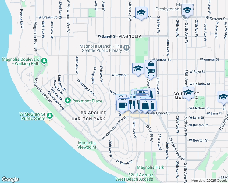 map of restaurants, bars, coffee shops, grocery stores, and more near 3554 W Smith St in Seattle