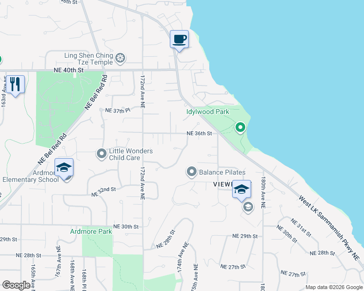 map of restaurants, bars, coffee shops, grocery stores, and more near 3507 175th Avenue Northeast in Redmond