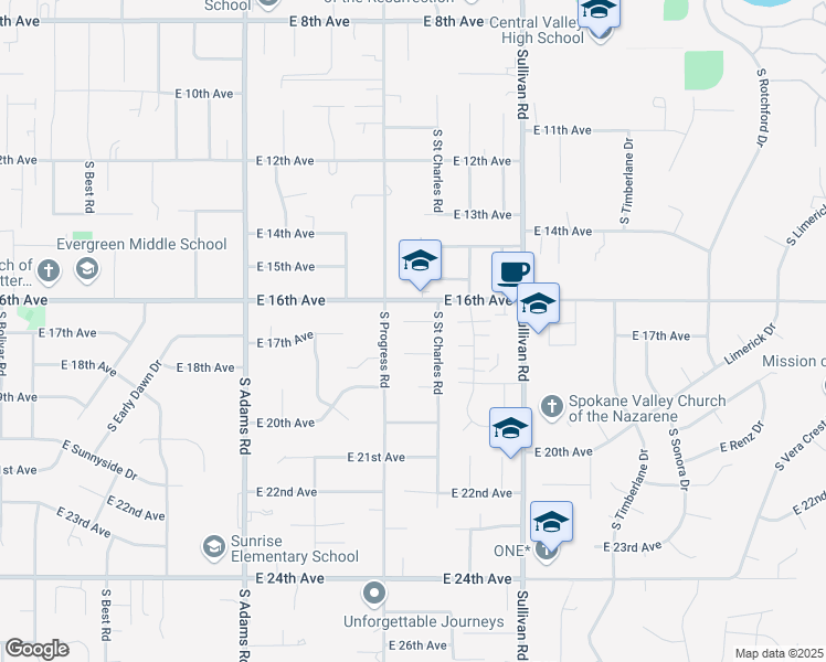 map of restaurants, bars, coffee shops, grocery stores, and more near 15214 East 17th Court in Spokane Valley