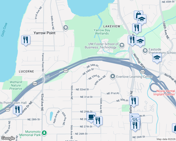 map of restaurants, bars, coffee shops, grocery stores, and more near 9670 Northeast 34th Place in Bellevue
