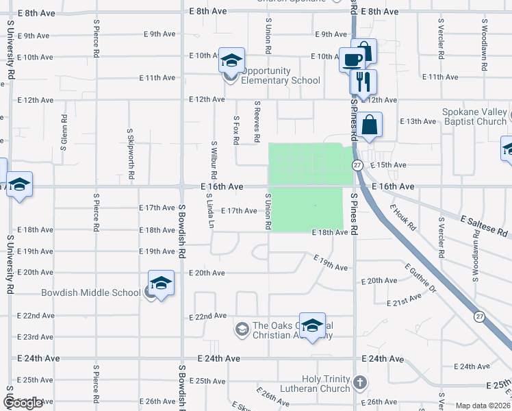 map of restaurants, bars, coffee shops, grocery stores, and more near 11811 East 17th Avenue in Spokane Valley