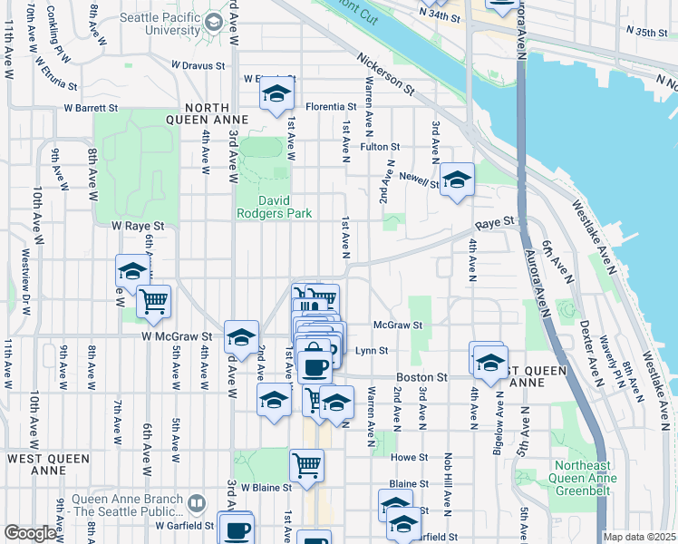 map of restaurants, bars, coffee shops, grocery stores, and more near 20 Smith Street in Seattle
