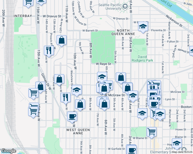 map of restaurants, bars, coffee shops, grocery stores, and more near 2526 8th Avenue West in Seattle