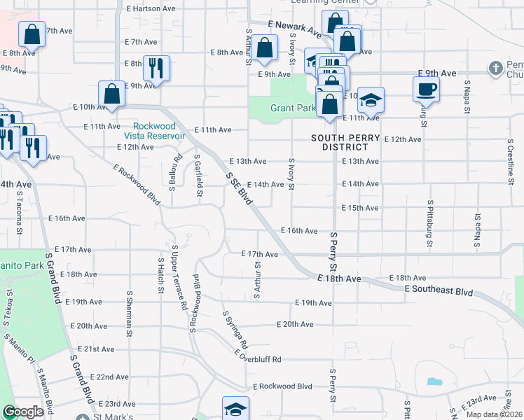 map of restaurants, bars, coffee shops, grocery stores, and more near 1507 South Southeast Boulevard in Spokane