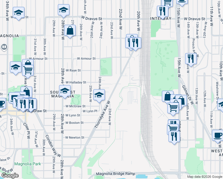 map of restaurants, bars, coffee shops, grocery stores, and more near 2501 Thorndyke Avenue West in Seattle