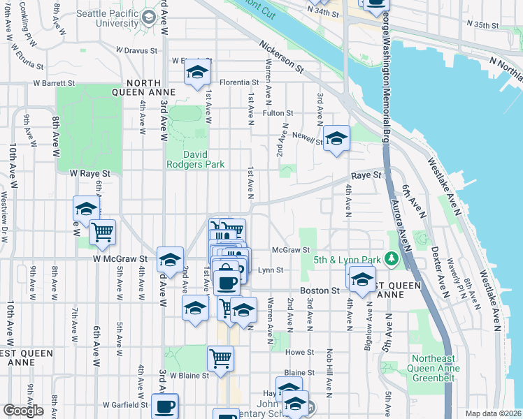 map of restaurants, bars, coffee shops, grocery stores, and more near 110 Smith Street in Seattle