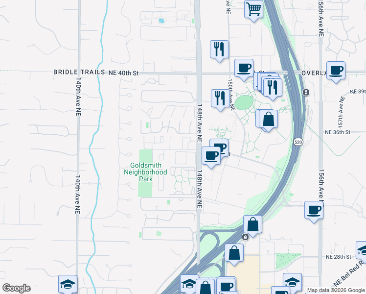 map of restaurants, bars, coffee shops, grocery stores, and more near 14637 Northeast 35th Street in Bellevue