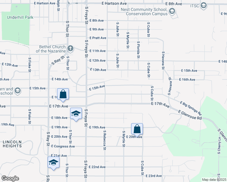 map of restaurants, bars, coffee shops, grocery stores, and more near 3819 E 16th Ave in Spokane