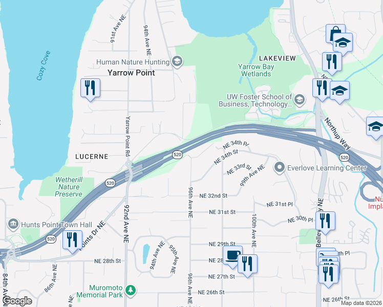 map of restaurants, bars, coffee shops, grocery stores, and more near 9602 Northeast 35th Place in Bellevue