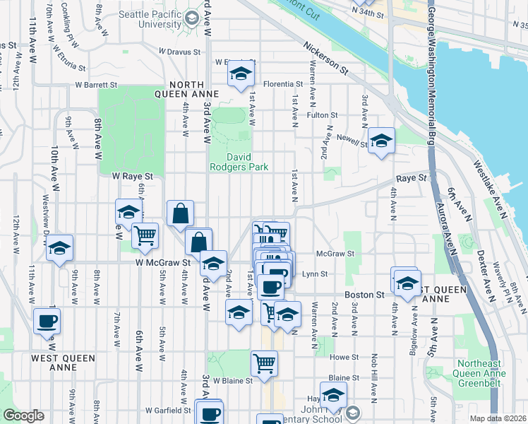 map of restaurants, bars, coffee shops, grocery stores, and more near 10 West Smith Street in Seattle