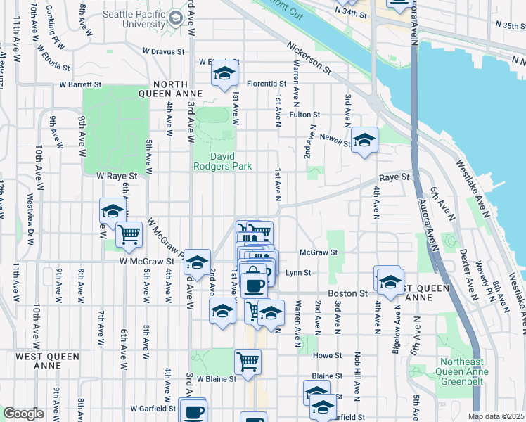 map of restaurants, bars, coffee shops, grocery stores, and more near 8 Smith Street in Seattle