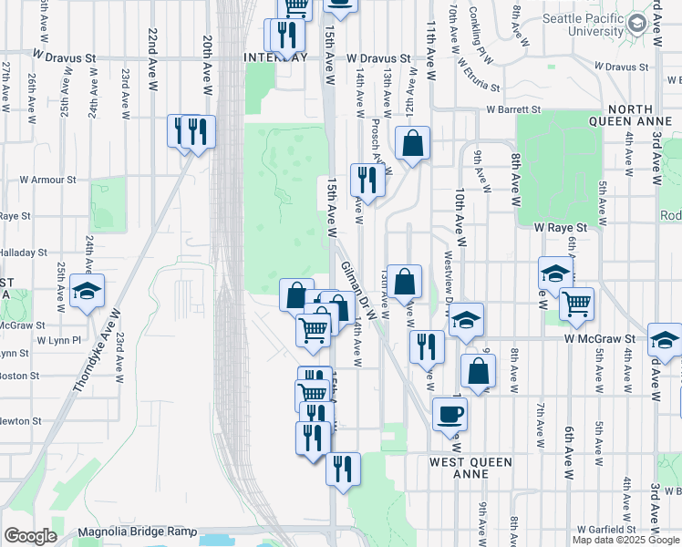 map of restaurants, bars, coffee shops, grocery stores, and more near 2530 15th Avenue West in Seattle