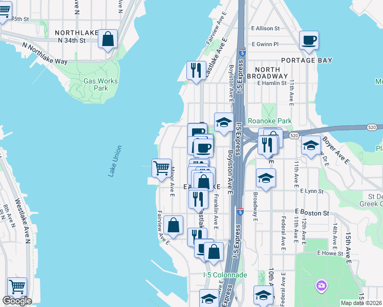 map of restaurants, bars, coffee shops, grocery stores, and more near 2366 Yale Avenue East in Seattle