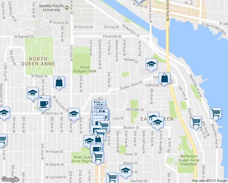 map of restaurants, bars, coffee shops, grocery stores, and more near 110 Smith Street in Seattle