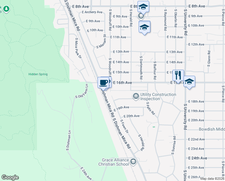 map of restaurants, bars, coffee shops, grocery stores, and more near 9910 East 17th Lane in Spokane Valley