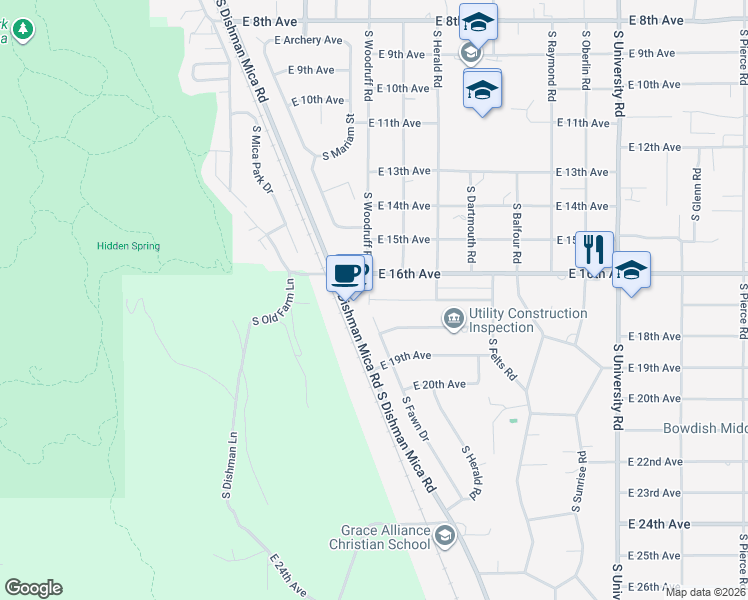 map of restaurants, bars, coffee shops, grocery stores, and more near 9910 East 17th Lane in Spokane Valley