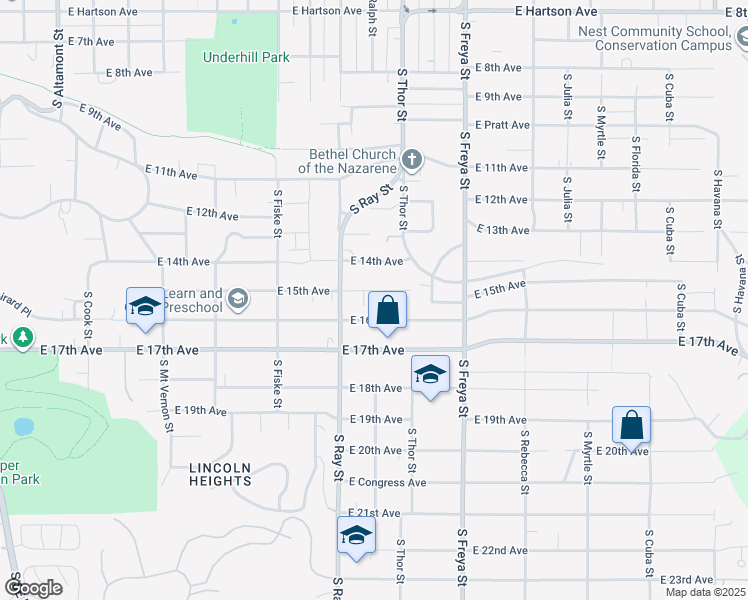map of restaurants, bars, coffee shops, grocery stores, and more near 3230 East 15th Avenue in Spokane