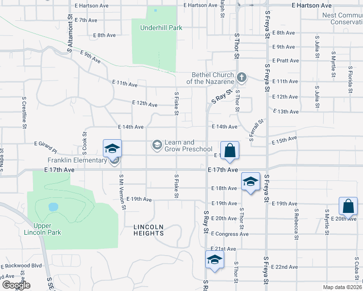 map of restaurants, bars, coffee shops, grocery stores, and more near 3030 East 15th Avenue in Spokane
