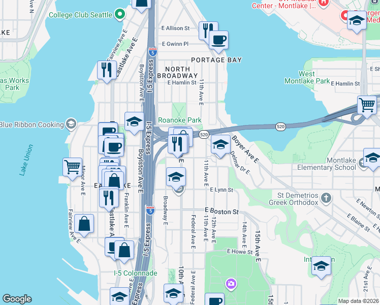 map of restaurants, bars, coffee shops, grocery stores, and more near 2402 Federal Avenue East in Seattle