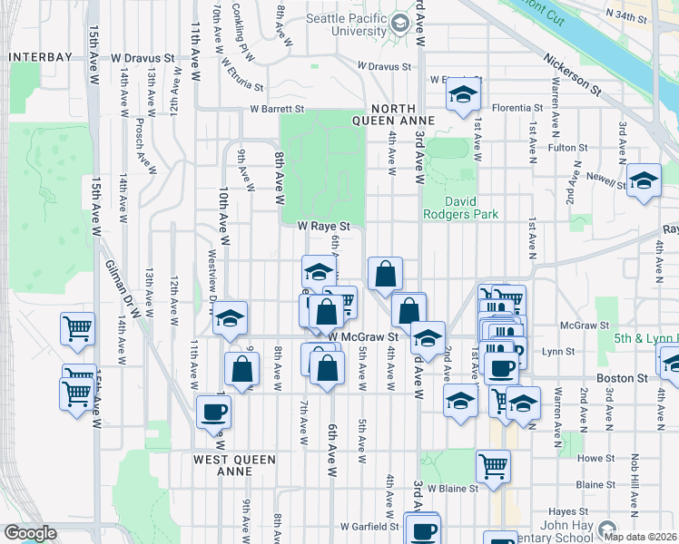 map of restaurants, bars, coffee shops, grocery stores, and more near 504 West Smith Street in Seattle